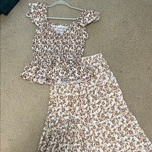 Japna Brown and White Floral Skirt Set